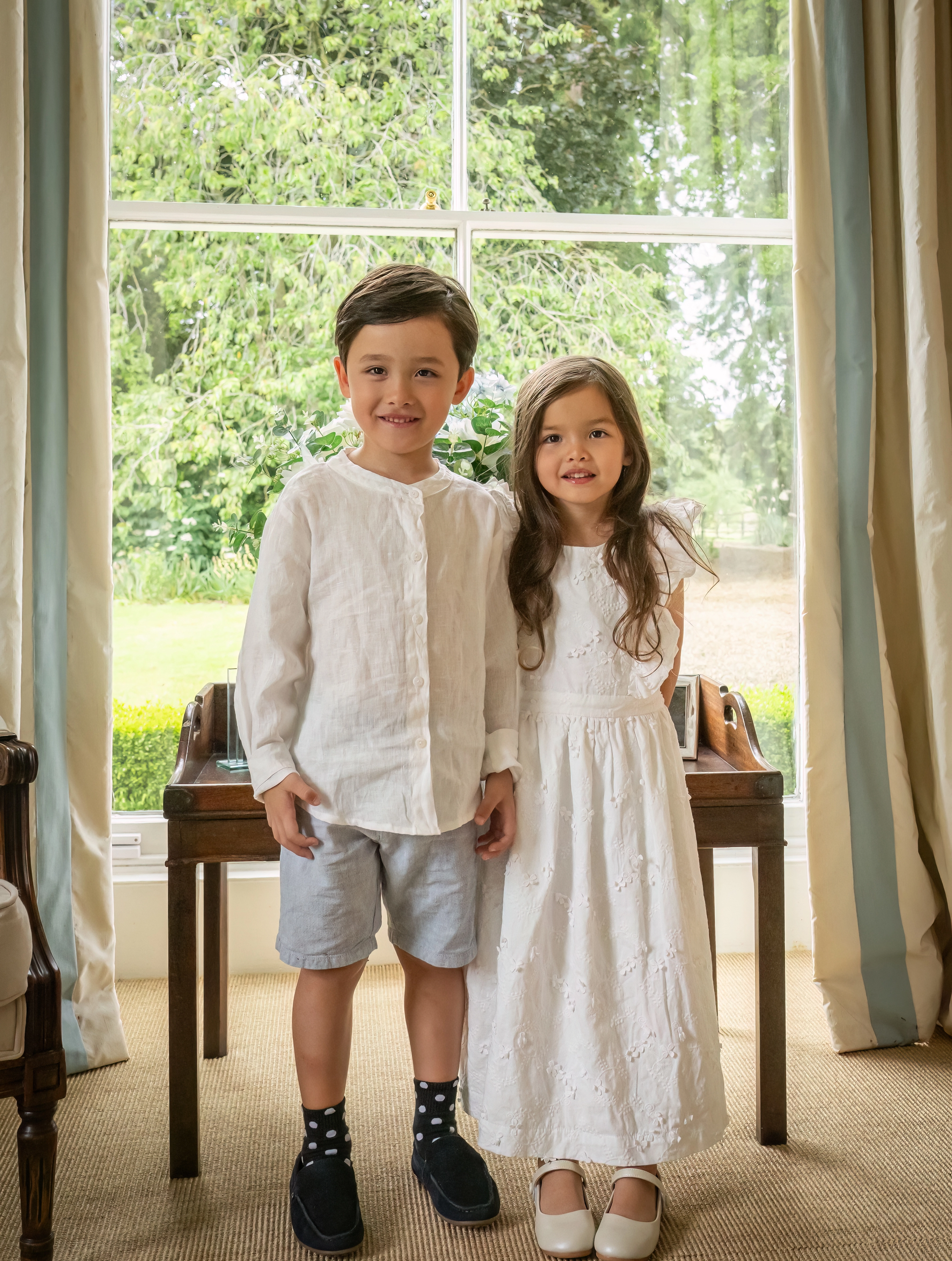 Children, Standing, InFront of Window, Dressed in White